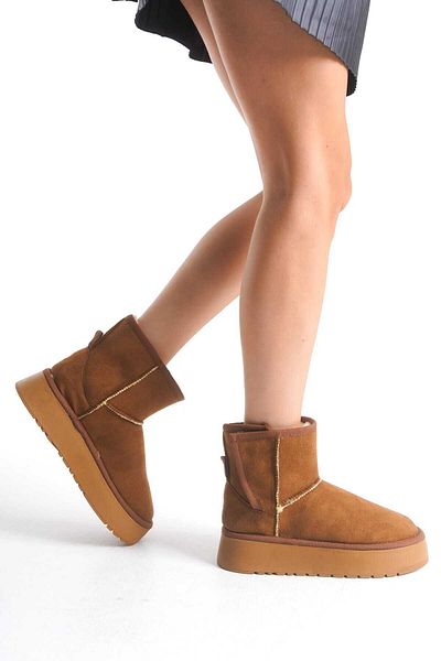 wolfcity Uk High Tan Suede Half Boots with Fur Inside Flat Sole Women's Shoes