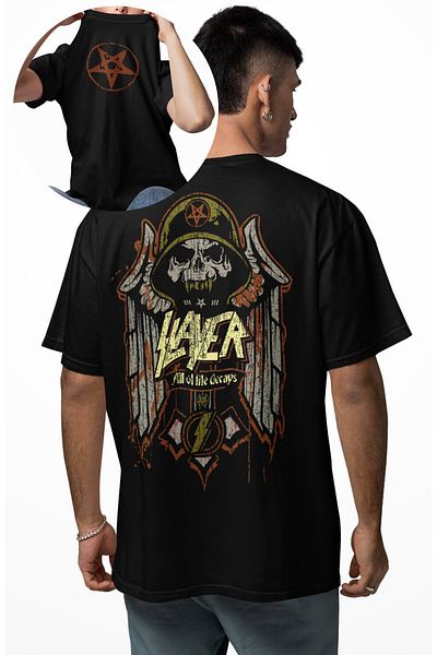 Fuddy Moda Tricou unisex All Of Life Decays cu scris pe spate, tricou oversize cu temă Rock Band Slayer