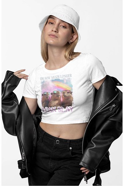 Fuddy Moda I Can Slay Written Crop Top, Women's Capybara Printed Crop Blouse