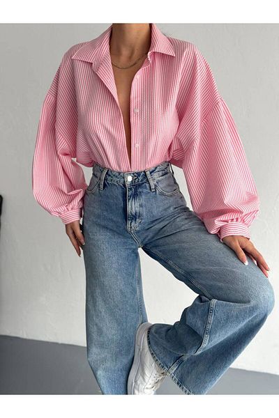 02Lady Fashion Balloon Sleeve Overize Stripes Shirt