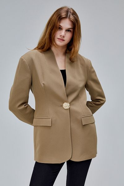 Bolivente Dark Khaki Loose Cut Button Detailed Woven Blazer Jacket