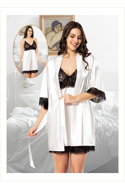 Miss Dünya Lissa Satin Lace Detailed Short Nightgown Set with Dressing Gown