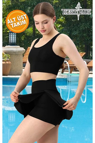 Tight Lady Women's Black Suit Skirted Shorts Swimsuit with Breast Pad High Waist Lifting Plus Size Compatible