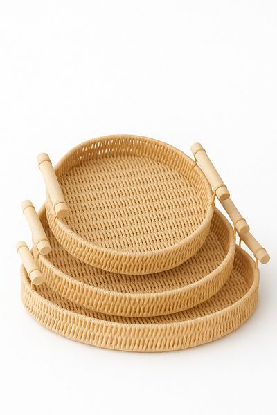 Fhilli Natura - Set of 3 Round Rattan Wicker Serving and Presentation Tray Set Decorative Tray with Wooden Handle