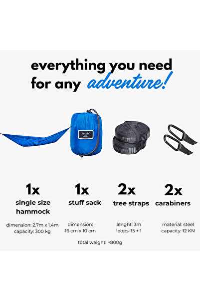 storeful Hamac hikerjoy PRO, 270x150 cm, curele prindere si carabine incluse, albastru