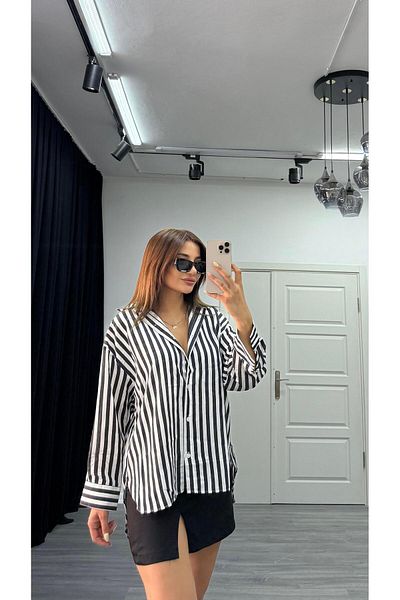 Daves Striped Textured Women Oversize Shirt-Black