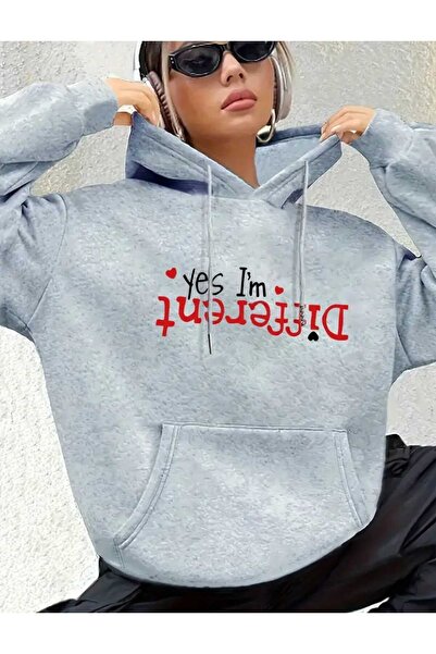 caddekombin I'M Different Printed Hooded Pocket Cotton Gray Sweatshirt
