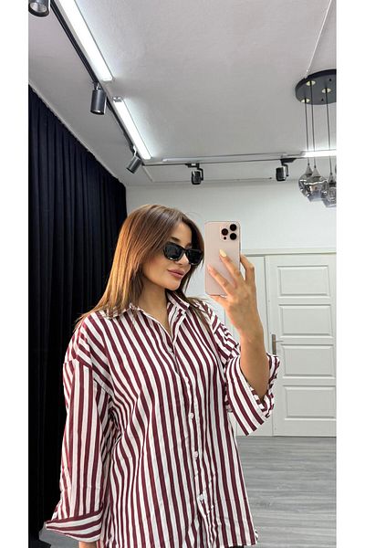 Daves Striped Textured Women Oversize Shirt-Burgundy
