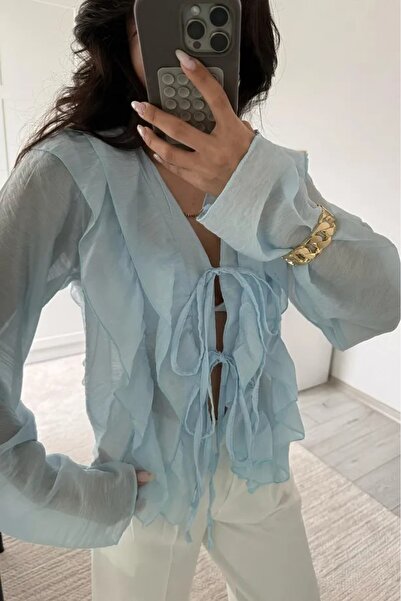 02Lady Fashion Ruffle Detailed Tie-Up Chiffon Fabric Shirt