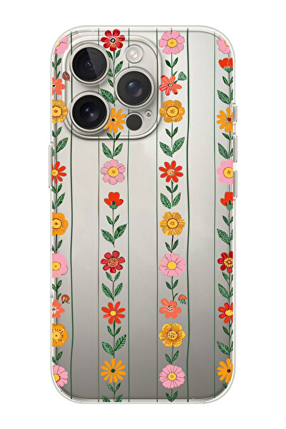 shoptocase iPhone 16 Pro Uyumlu Sıralı Çiçekler Desenli Şeffaf Silikon Koruyu...