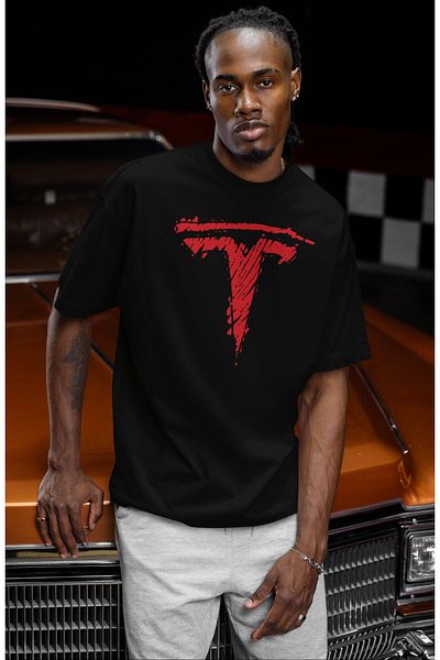 Fuddy Moda Unisex Vintage Tesla Logo Printed T-Shirt, Oversize Car Themed Crew Neck T-Shirt