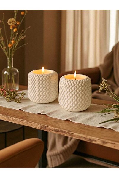 DNZ DEKOR Örgü Hasır Desenli 2 Adet Beyaz Beton Soya Parafin Mum