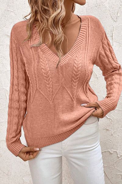 AQE FASHION Women's Hair Braided V-Neck Powder Knitwear Sweater