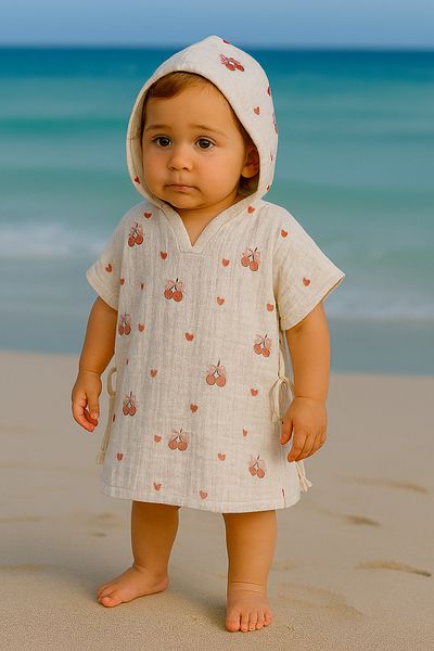 enes baby Organic Double Layer Muslin Cherry Patterned Sea Pool Poncho