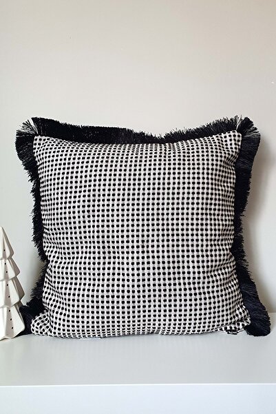 decofav Husă de pernă cu franjuri, jacquard alb-negru, 43x43cm