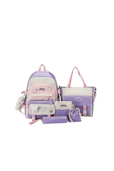 OMC Set de 5 piese pentru studenți cu accesorii, din pânză, 44x31x15cm, violet