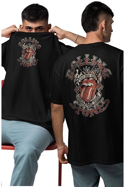 Fuddy Moda Unisex Rolling Stones Tattoo Back Printed T-Shirt, Oversize Rock Music Themed T-Shirt
