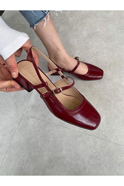 leopar by çetinay "Marie Élégance Luxe |   Women's Burgundy Patent Leather Full Orthopedic Cross Strap Shoes with Thick Buckle”