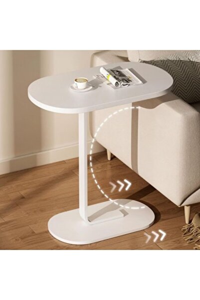 Kardett White C-Shaped side table, engineered wood top and durable metal frame, modern table for
