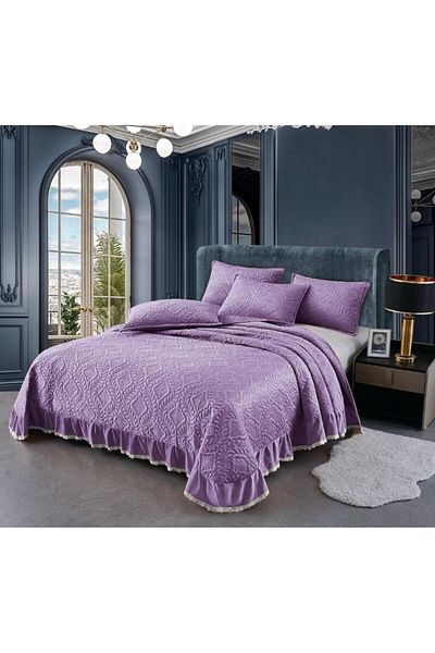 OEM Double Bedspread, 3-Piece Set, Velvet with Ruffles, 230 x 250 cm, Lilac