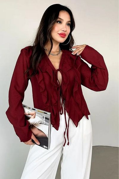 02Lady Fashion Ruffle Detailed Tie-Up Chiffon Fabric Shirt