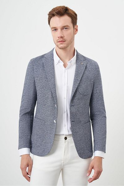 Morven Men's Indigo Knitted Slim Fit Bag Pocket Mono Collar Sports Jacket