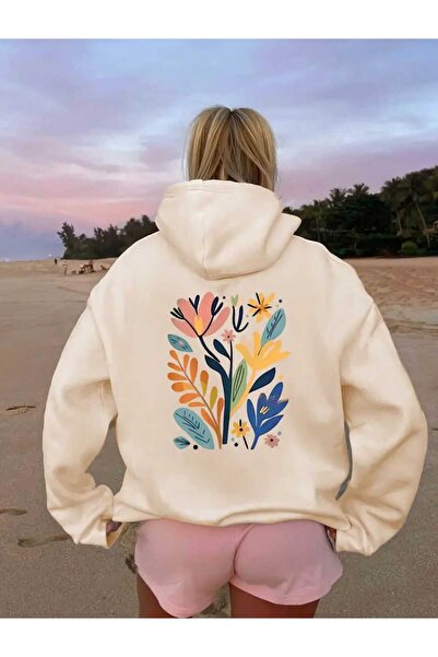 caddekombin Hanorac bej cu glugă, cu imprimeu floral pe spate, buzunar și int...