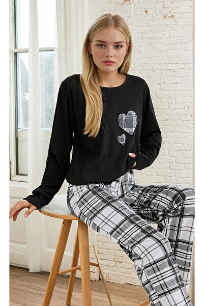 CARLA MARA Ekose Desen Kalp Detay Uzun Kol Pijama Takımı