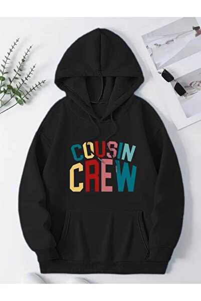 caddekombin Μπλουζάκι με κουκούλα Cousin Crew με στάμπα, βαμβακερό μαύρο φούτερ με τσέπες
