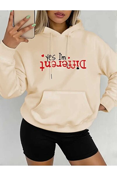 caddekombin Hanorac cu glugă imprimat I'm Different, din bumbac, bej, cu buzu...