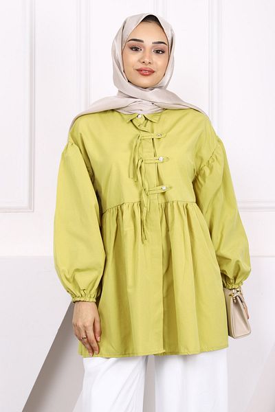 İmajButik Tunica cu mâneci verde ulei și elastic cu nasturi în față