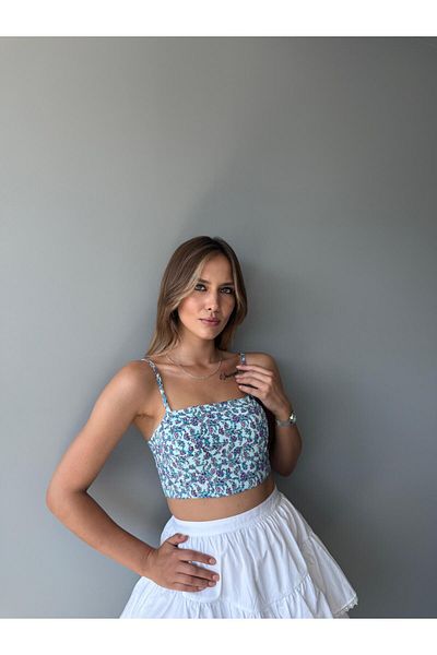 AlisaSu Blue Floral Bustier with Rope Strap