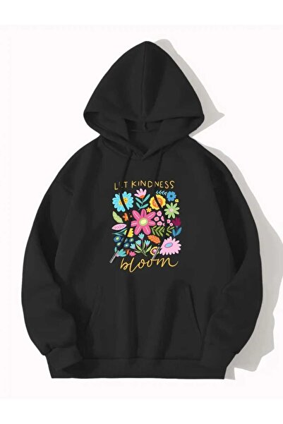 caddekombin Let Kindness Printed Hooded Pocket Cotton Black Sweatshirt