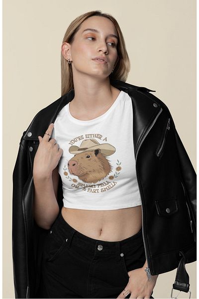 Fuddy Moda You Are Either Written Crop Top, Women's Capybara Themed Crop Blouse