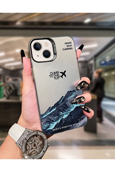 Caseji İphone 13 Uyumlu Dağ Temalı Lüx Hassas Tuşlu Metalize Telefon Kılıfı M...
