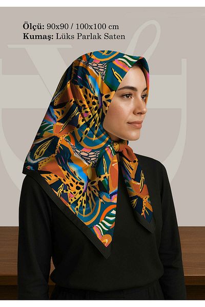 DESENİX Tropical Ethnic Patterned Scarf |   Orange & Blue Shades |   90X90 - 100X100Cm |   Shiny Satin