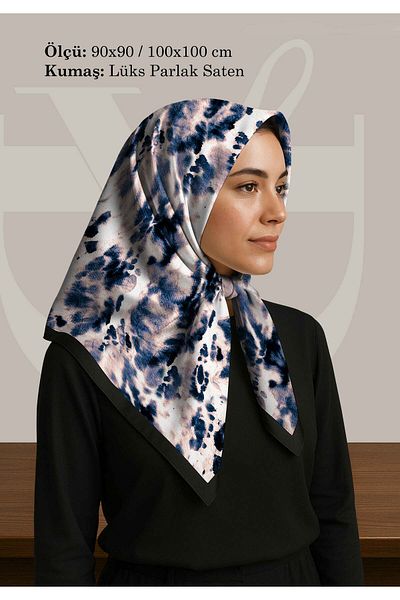 DESENİX Blue Stained Abstract Patterned Scarf |   Gray Powder Floor |   90X90 - 100X100Cm |   Shiny Satin