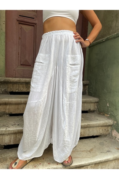 Bohoyasam Kadın Keten Salaş Pantolon – %100 Doğal Keten, Cepli, Lastikli Bel, Standart Beden (S-L Uyumlu)