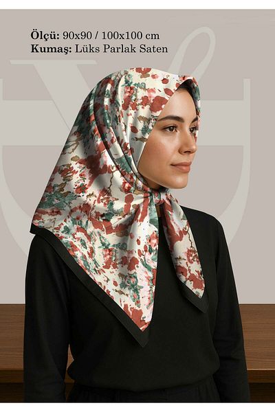 DESENİX Abstract Tie Dye Pattern Scarf |   Ivory Beige Floor |   90X90 - 100X100Cm |   Shiny Satin