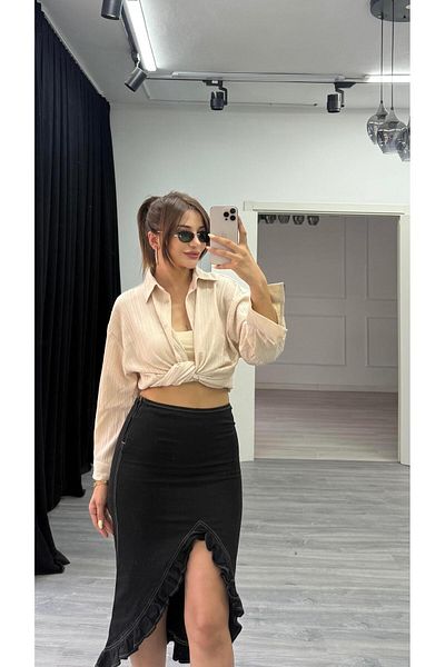 Daves Front Slit Skirt Tinted Lycra Denim Fabric Black