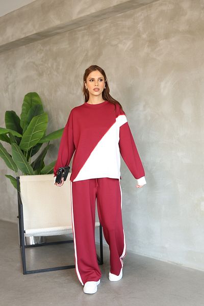 02Lady Fashion Garnished Piping Detailed Oversize Wide Leg Modal Fabric Tracksuit Set
