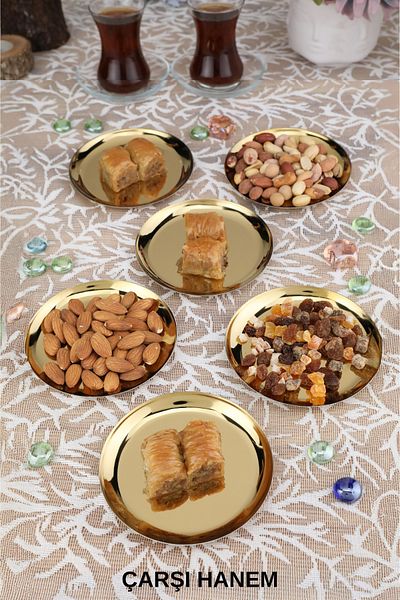 ÇARŞI HANEM Round 6 Pieces Gold Stainless Steel Round Snack Plate Presentation Set Tea Cup Coffee Side 12 cm
