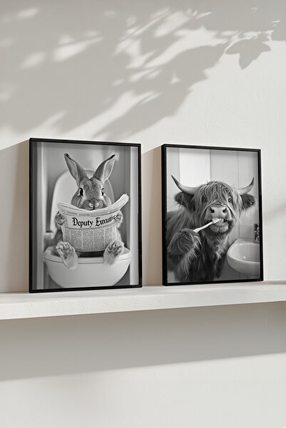 STARYUNA Banyo Tuvalet dekorasyon, Tavşan ve İnekli İkili Siyah Ahşap Çerçeveli Tablo Seti Yuna248