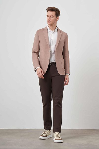 Morven Men's Cinnamon Woven Seersucker Slim Fit Bag Pocket Mono Collar Sports Jacket