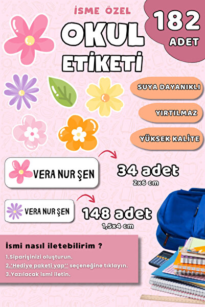 Hume Craft 182 Adet Çiçek Temalı İsme Özel Okul Etiketi Kalem ve Defter İçin