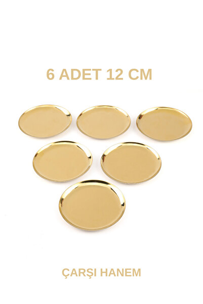 ÇARŞI HANEM Round 6 Pieces Gold Stainless Steel Round Snack Plate Presentation Set Tea Cup Coffee Side 12 cm