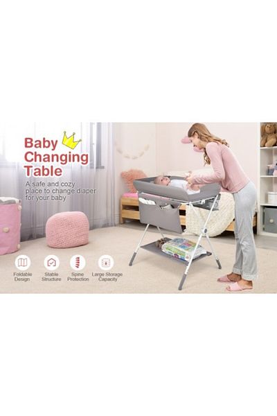 Kardett Foldable baby changing table, adjustable, gray, with storage space