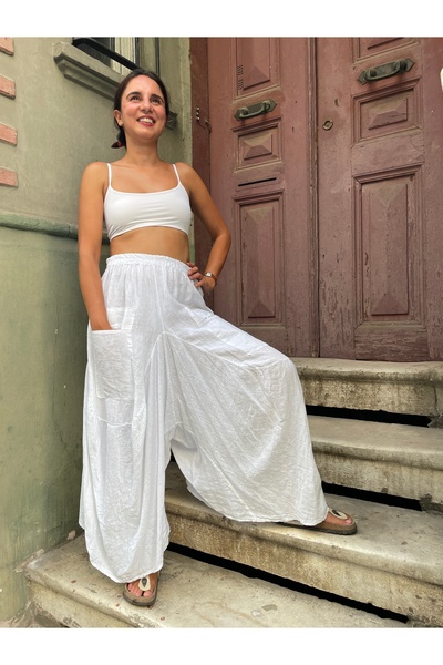 Bohoyasam Kadın Keten Salaş Pantolon – %100 Doğal Keten, Cepli, Lastikli Bel, Standart Beden (S-L Uyumlu)