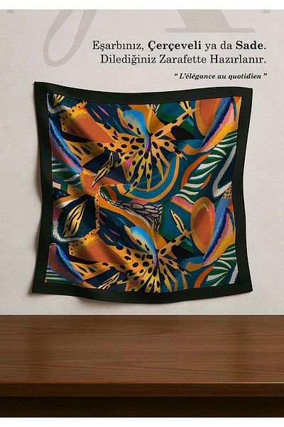 DESENİX Tropical Ethnic Patterned Scarf |   Orange & Blue Shades |   90X90 - 100X100Cm |   Shiny Satin