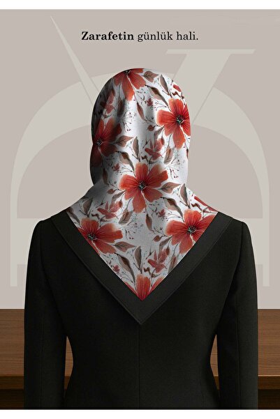DESENİX Red Floral Patterned Scarf |   Pearl White Floor |   90X90 - 100X100Cm |   Shiny Satin